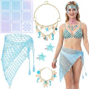 14 Pcs Mermaid Costume Accessories Set for Women, Blue Women Beach Mermaid Outfits with Makeup Stencils, Mermaids Crochet Skirt Necklaces Bracelets Hairclips for Summer Beach Halloween Party Costumes in Saudi Arabia