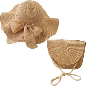 Khaki Women's Straw Hat and Bag Set, Wide Brim Summer Beach Sun Hat with Bow, Handmade Woven Packable Design in Saudi Arabia