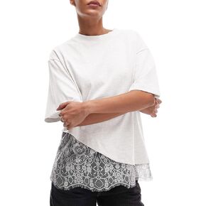 Women's Lace Patchwork Top Summer Daily Relaxed Fit Drop Shoulder Short Sleeve Blouse Casual Weekend T-Shirt(White-S) in Saudi Arabia