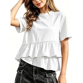 Womens Summer Short Sleeve T-Shirts Peplum Babydoll Crew Neck Ruffle Hem Casual Pleated Tops in Saudi Arabia
