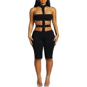 VOIKERDR Sexy Romper for Women Halter Backless Bodycon Capri Jumpsuit Rivet Party Outfits Clubwear in Saudi Arabia