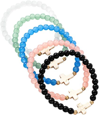 5Pcs Set Cross Beaded Crystal Turquoise Colorful Stretch Bracelet Christian Matching Strand Bracelet for Women Holiday Bohemian Boho Jewelry Multilayered Handmade in Kuwait