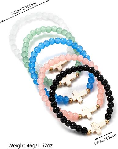 5Pcs Set Cross Beaded Crystal Turquoise Colorful Stretch Bracelet Christian Matching Strand Bracelet for Women Holiday Bohemian Boho Jewelry Multilayered Handmade in Kuwait