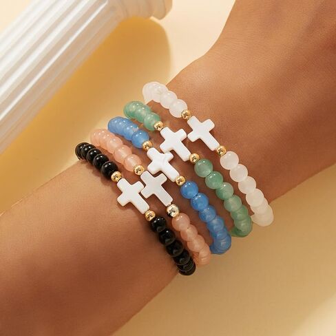 5Pcs Set Cross Beaded Crystal Turquoise Colorful Stretch Bracelet Christian Matching Strand Bracelet for Women Holiday Bohemian Boho Jewelry Multilayered Handmade in Kuwait