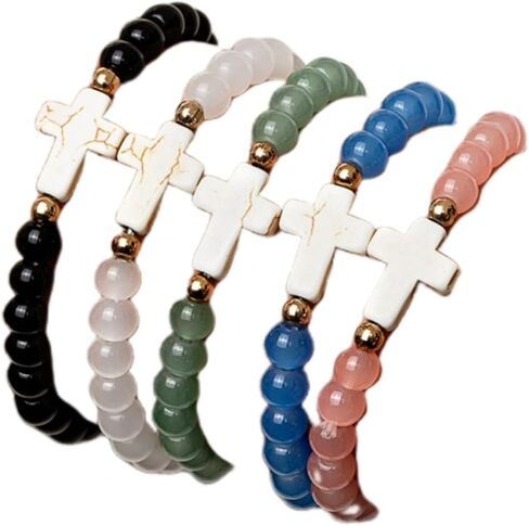 5Pcs Set Cross Beaded Crystal Turquoise Colorful Stretch Bracelet Christian Matching Strand Bracelet for Women Holiday Bohemian Boho Jewelry Multilayered Handmade in Kuwait