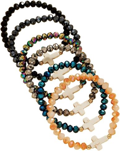 5Pcs Set Cross Beaded Crystal Turquoise Colorful Stretch Bracelet Christian Matching Strand Bracelet for Women Holiday Bohemian Boho Jewelry Multilayered Handmade in Kuwait