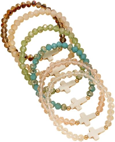 5Pcs Set Cross Beaded Crystal Turquoise Colorful Stretch Bracelet Christian Matching Strand Bracelet for Women Holiday Bohemian Boho Jewelry Multilayered Handmade in Kuwait