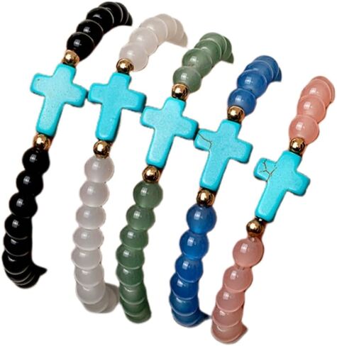 5Pcs Set Cross Beaded Crystal Turquoise Colorful Stretch Bracelet Christian Matching Strand Bracelet for Women Holiday Bohemian Boho Jewelry Multilayered Handmade in Kuwait