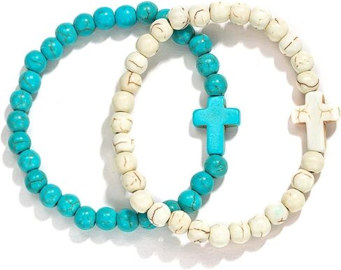 5Pcs Set Cross Beaded Crystal Turquoise Colorful Stretch Bracelet Christian Matching Strand Bracelet for Women Holiday Bohemian Boho Jewelry Multilayered Handmade in Kuwait