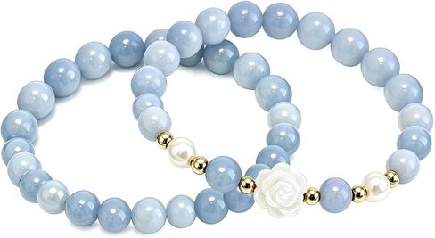 RITIM Handmade Rose & Aquamarine Crystal Healing Bracelet for Women Stretchy Chakra Beaded Bracelet with Freshwater Pearls & Gold Accents Calming Anti-Anxiety Spiritual Jewelry, Bracelet for Her in Saudi Arabia