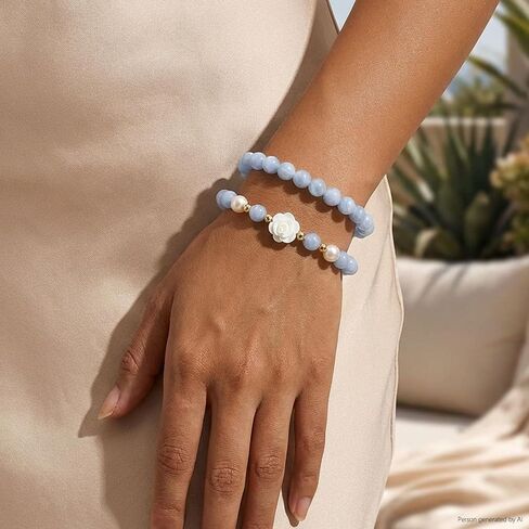RITIM Handmade Rose & Aquamarine Crystal Healing Bracelet for Women Stretchy Chakra Beaded Bracelet with Freshwater Pearls & Gold Accents Calming Anti-Anxiety Spiritual Jewelry, Bracelet for Her in Saudi Arabia
