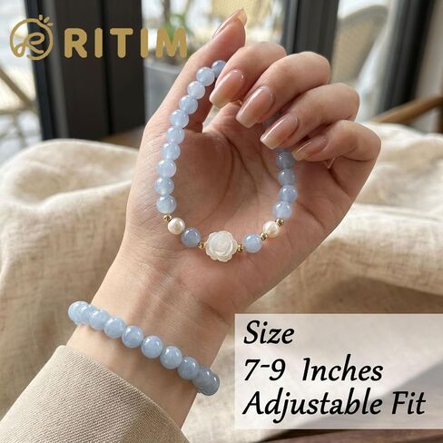 RITIM Handmade Rose & Aquamarine Crystal Healing Bracelet for Women Stretchy Chakra Beaded Bracelet with Freshwater Pearls & Gold Accents Calming Anti-Anxiety Spiritual Jewelry, Bracelet for Her in Saudi Arabia