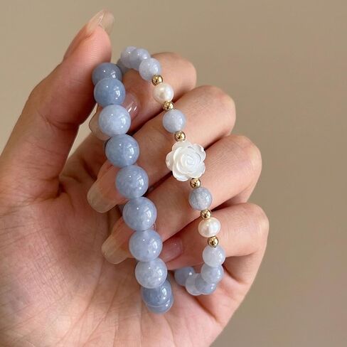 RITIM Handmade Rose & Aquamarine Crystal Healing Bracelet for Women Stretchy Chakra Beaded Bracelet with Freshwater Pearls & Gold Accents Calming Anti-Anxiety Spiritual Jewelry, Bracelet for Her in Saudi Arabia