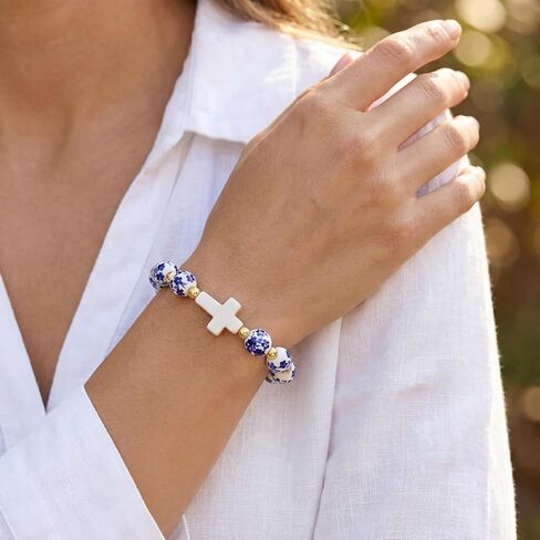 Cross Bracelet for Women - Christian Cross Beaded Bracelet Religious Jewelry for Women, Catholic Confirmation Gifts Inspirational Stretch with Charm, Meaningful Confirmation Jewelry Gifts in Kuwait