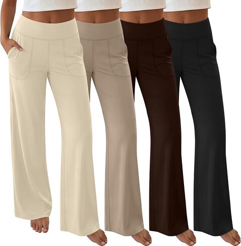 Neer 4 Pack المرأة واسعة الساق اليوغا السراويل مع جيوب تمتد فضفاضة عادية صالة تجريب فستان السراويل مرونة الخصر Sweatpants in Kuwait