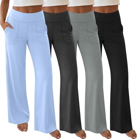 Neer 4 Pack المرأة واسعة الساق اليوغا السراويل مع جيوب تمتد فضفاضة عادية صالة تجريب فستان السراويل مرونة الخصر Sweatpants in Kuwait