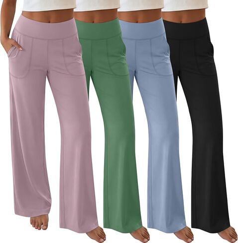 Neer 4 Pack المرأة واسعة الساق اليوغا السراويل مع جيوب تمتد فضفاضة عادية صالة تجريب فستان السراويل مرونة الخصر Sweatpants in Kuwait
