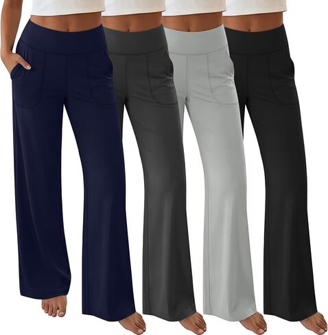 Neer 4 Pack المرأة واسعة الساق اليوغا السراويل مع جيوب تمتد فضفاضة عادية صالة تجريب فستان السراويل مرونة الخصر Sweatpants in Kuwait