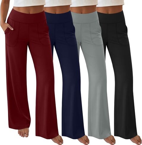 Neer 4 Pack المرأة واسعة الساق اليوغا السراويل مع جيوب تمتد فضفاضة عادية صالة تجريب فستان السراويل مرونة الخصر Sweatpants in Kuwait
