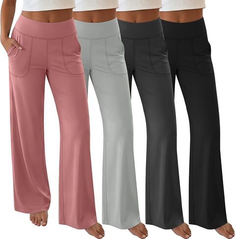 Neer 4 Pack المرأة واسعة الساق اليوغا السراويل مع جيوب تمتد فضفاضة عادية صالة تجريب فستان السراويل مرونة الخصر Sweatpants in Kuwait