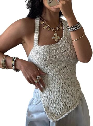 Womens Y2K Crochet Halter Tops Off The Shoulder Sexy Asymmetrical Sleeveless Backless Camisole Tops Ribbed Tie Back Tank Tops in Kuwait