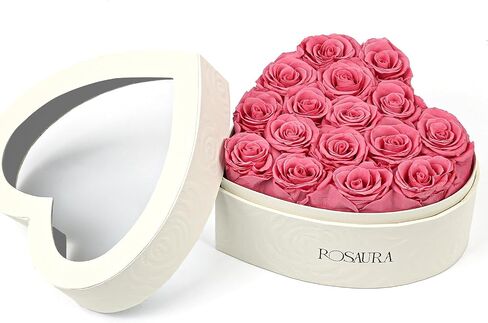 Rosaura Heart-Shaped Preserved Roses Gift Box - Real Forever Flowers for Christmas, Birthday, Valentine's & Mother's Day (Pink, 16 roses) in Saudi Arabia