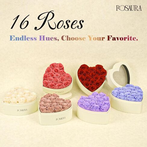 Rosaura Heart-Shaped Preserved Roses Gift Box - Real Forever Flowers for Christmas, Birthday, Valentine's & Mother's Day (Pink, 16 roses) in Saudi Arabia