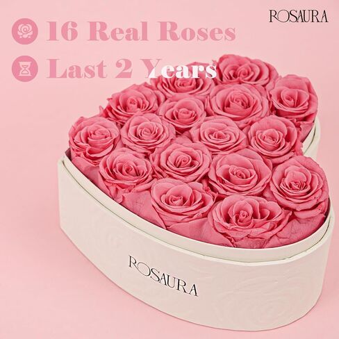 Rosaura Heart-Shaped Preserved Roses Gift Box - Real Forever Flowers for Christmas, Birthday, Valentine's & Mother's Day (Pink, 16 roses) in Saudi Arabia
