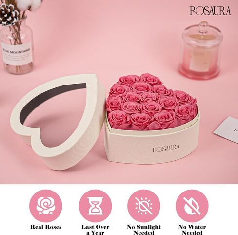Rosaura Heart-Shaped Preserved Roses Gift Box - Real Forever Flowers for Christmas, Birthday, Valentine's & Mother's Day (Pink, 16 roses) in Saudi Arabia