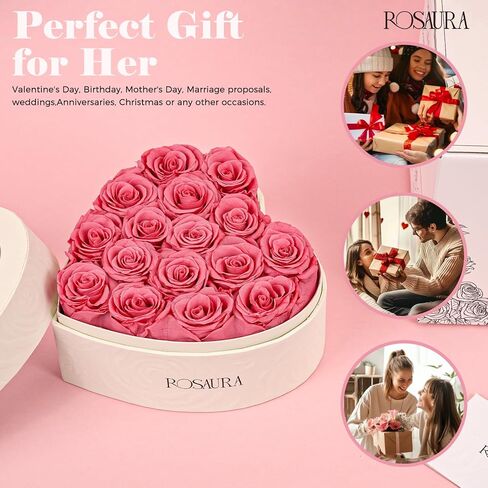 Rosaura Heart-Shaped Preserved Roses Gift Box - Real Forever Flowers for Christmas, Birthday, Valentine's & Mother's Day (Pink, 16 roses) in Saudi Arabia