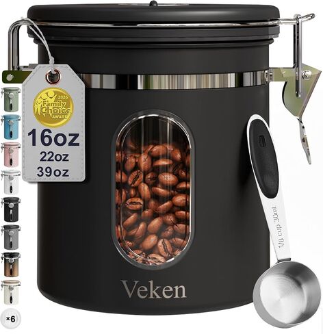 Veken Coffee Canister with Window, Sugar Jar Container with Lid, Scoop and Date Tracker, Air Tight Stainless Steel, Grounds Coffee Beans, Tea, Flour, Cereal, Home Kitchen Food Storage, 22OZ, Cream in Kuwait