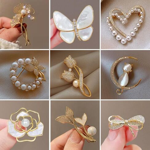 Brooch Flower Golden Clothing Accessories Rhinestone Pearl Jewelry Men Women in Saudi Arabia