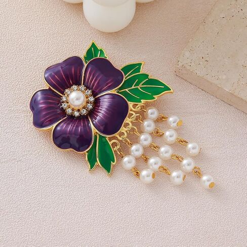 Elegant Black Society Events Greek Sorority Jewelry Imitation Pearl Green Leaf Purple Flower Violet Metal Brooch Pin for Delta Organization Lady in Saudi Arabia