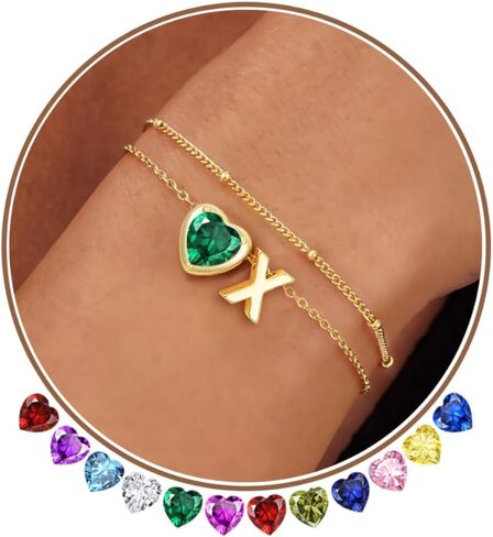 Heart Initial Birthstone Bracelets for Women- Dainty 14K Gold Plated Heart Letter A-Z Charm Layered Bracelet Trendy Jewelry Gifts, Birthday Gifts for Women in Saudi Arabia