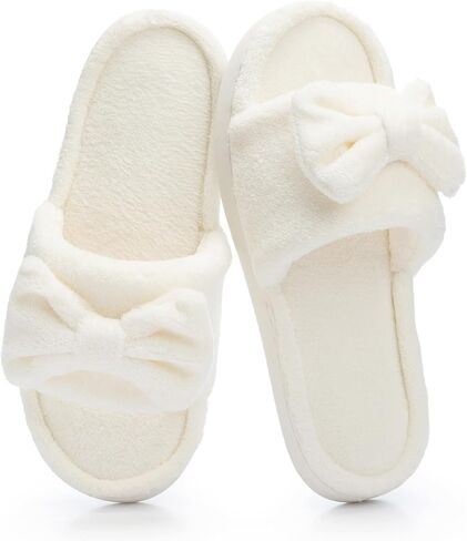 NineCiFun Womens Cute Bow Open-Toe Slippers Plush Faux Fur Lining Memory Foam Fuzzy House Shoes Non-Slip Indoor Outdoor Cozy Slippers in Saudi Arabia