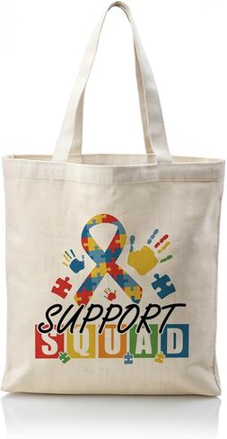 Autism Support Squad Tote Bag, Puzzle Ribbon Awareness Canvas Bag with Colorful Handprints, Reusable Grocery Bags for Travel Beach Shopping Work, Autism Advocate Gift in Kuwait