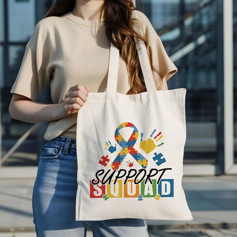 Autism Support Squad Tote Bag, Puzzle Ribbon Awareness Canvas Bag with Colorful Handprints, Reusable Grocery Bags for Travel Beach Shopping Work, Autism Advocate Gift in Kuwait