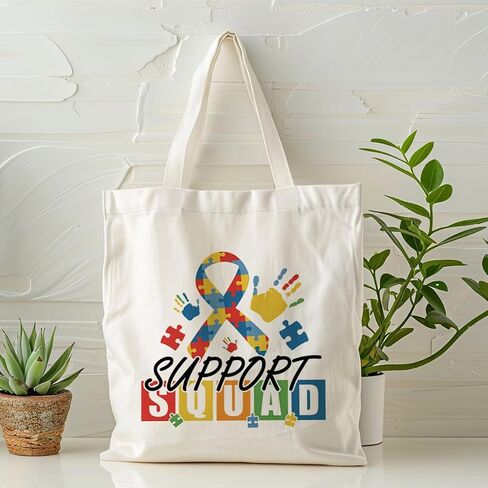 Autism Support Squad Tote Bag, Puzzle Ribbon Awareness Canvas Bag with Colorful Handprints, Reusable Grocery Bags for Travel Beach Shopping Work, Autism Advocate Gift in Kuwait