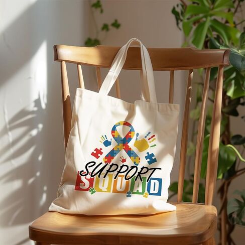 Autism Support Squad Tote Bag, Puzzle Ribbon Awareness Canvas Bag with Colorful Handprints, Reusable Grocery Bags for Travel Beach Shopping Work, Autism Advocate Gift in Kuwait