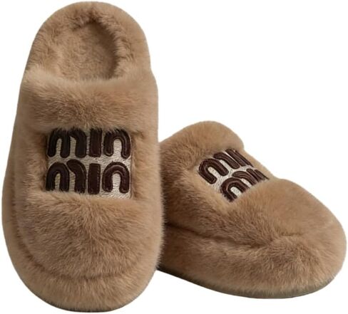 Cozy Faux Fur Slippers with Stylish Letter Embroidery Non-Slip Rubber Sole Soft Indoor Slippers for Home White in Saudi Arabia