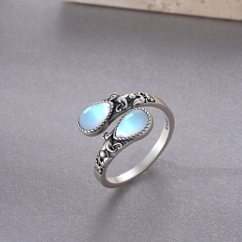 Moonstone Fox Spoon Ring 925 فضة استرليني قابل للتعديل الإبهام الحيوان خواتم خمر الحيوان الثعلب مجوهرات هدايا للنساء in Kuwait