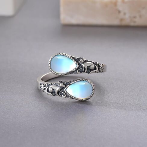 Moonstone Fox Spoon Ring 925 فضة استرليني قابل للتعديل الإبهام الحيوان خواتم خمر الحيوان الثعلب مجوهرات هدايا للنساء in Kuwait