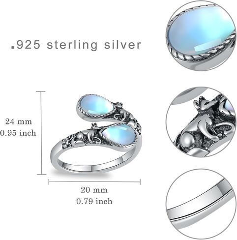 Moonstone Fox Spoon Ring 925 فضة استرليني قابل للتعديل الإبهام الحيوان خواتم خمر الحيوان الثعلب مجوهرات هدايا للنساء in Kuwait