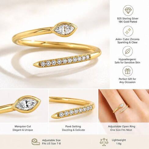 Snake Open Ring for Women, 18K Gold Plated 925 Sterling Silver Adjustable Wrap Ring with Micro Pave Cubic Zirconia, Modern Statement Jewelry for Daily Wear and Gifting in Saudi Arabia