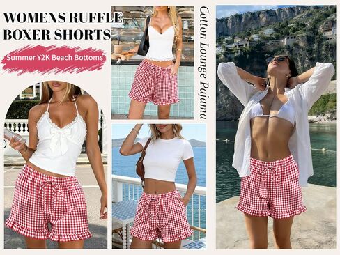 Womens Ruffle Boxer Shorts Cotton Pajama Gingham Summer Lounge Sleep Plaid Y2K Beach Casual Bottoms Pockets 2026 in Saudi Arabia