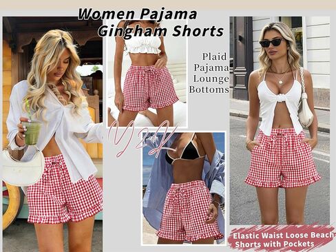 Womens Ruffle Boxer Shorts Cotton Pajama Gingham Summer Lounge Sleep Plaid Y2K Beach Casual Bottoms Pockets 2026 in Saudi Arabia