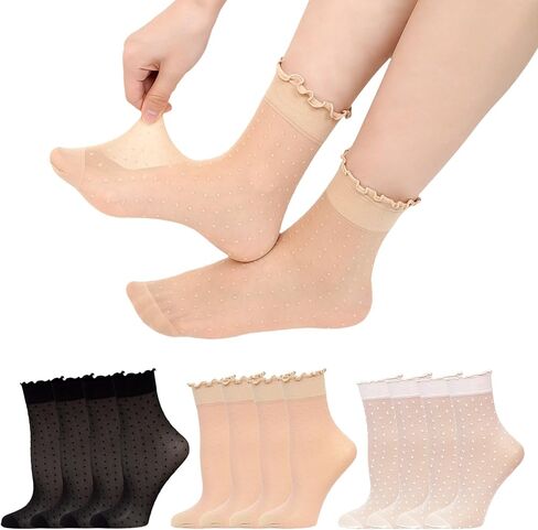 Hellomamma Women's Sheer Ruffle Socks: 12 Pairs Cute Polka Dot Silk Ankle Crew Socks with Ruffled Lettuce Edge for Commute in Saudi Arabia