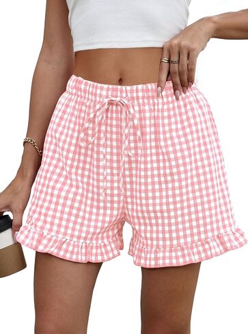 Womens Ruffle Boxer Shorts Cotton Pajama Gingham Summer Lounge Sleep Plaid Y2K Beach Casual Bottoms Pockets 2026 in Saudi Arabia