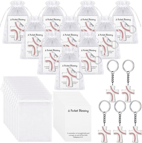 Hollowfly 24 Set Baseball Softball Football A Pocket Blessing with Cards and Bags Cross Pockets Blessing Keychain Gifts in Kuwait