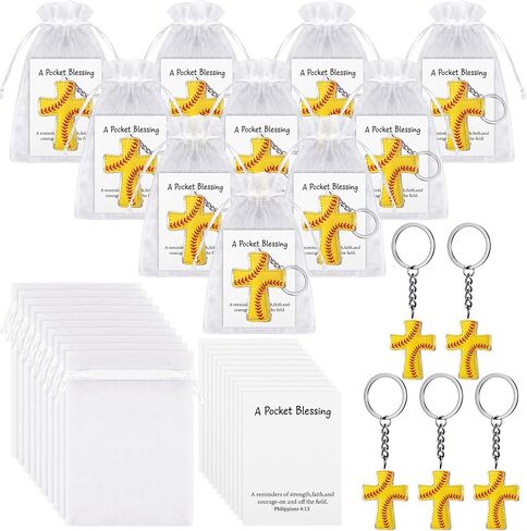 Hollowfly 24 Set Baseball Softball Football A Pocket Blessing with Cards and Bags Cross Pockets Blessing Keychain Gifts in Kuwait